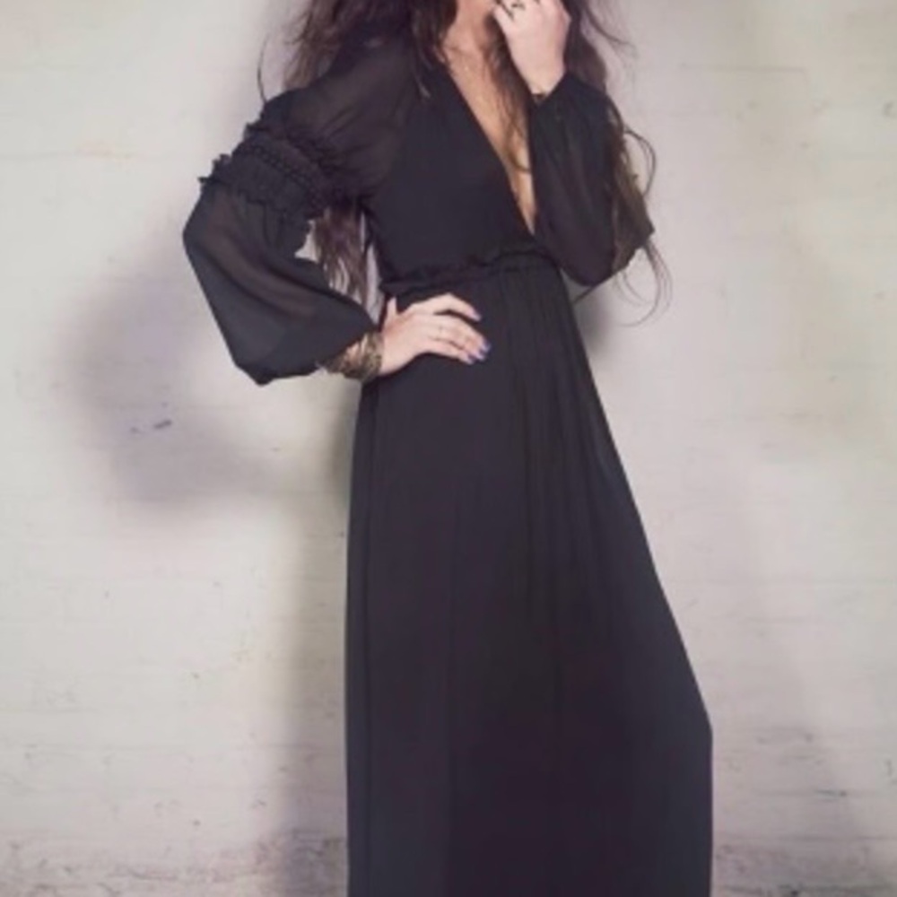 RARE Candela For Free People Black Valley Chiffon Maxi Dress Gown
